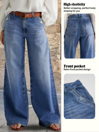 🎀Women's Denim Wide Leg Pants with Pocket Patches, Casual Loose Fit Jeans for Daily Wear, Comfortable Ladies' Fashion Bottoms👖