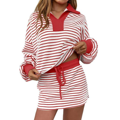 Womens Striped 2 Piece Outfits Casual Sweatshirt Skirt Set Long Sleeve Skort Workout Set Matching Lounge Sets(Buy 2 Free Shipping)