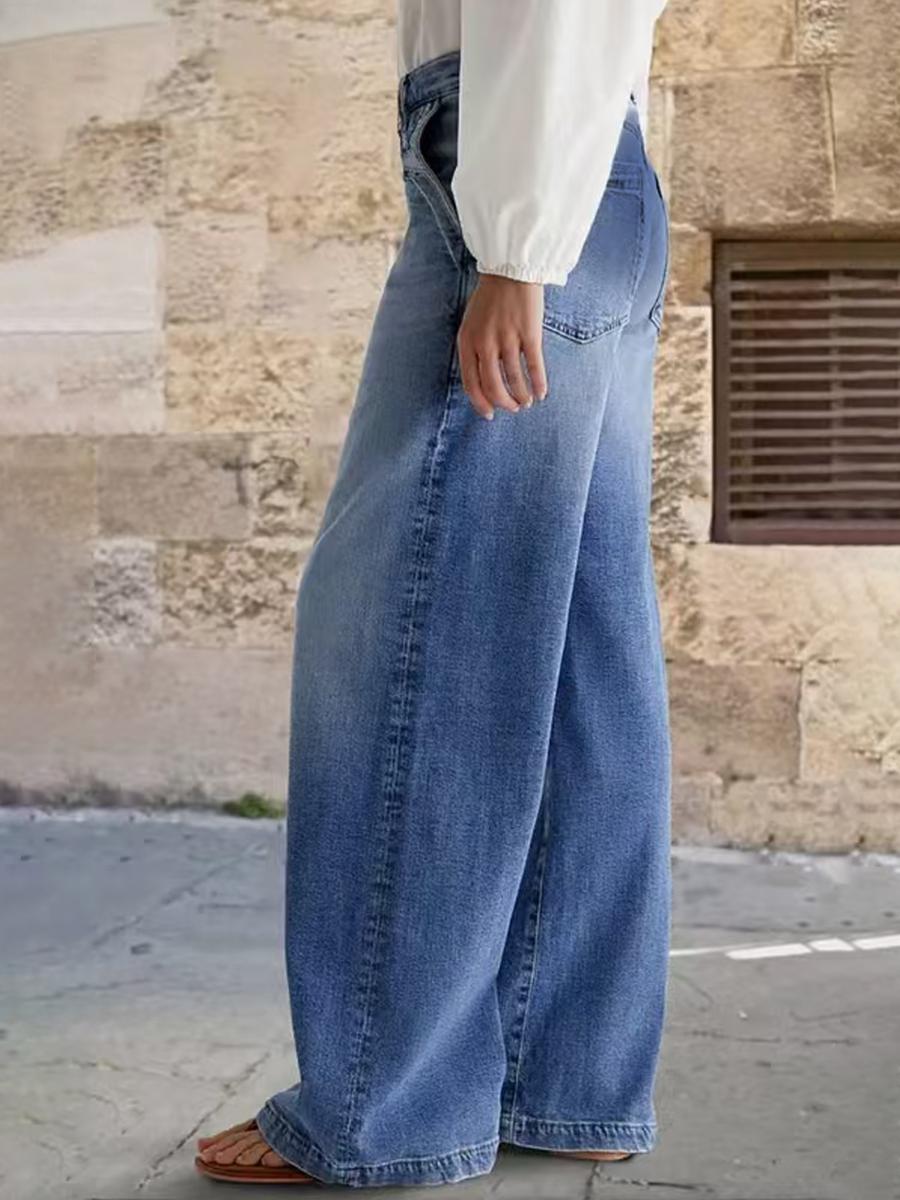 🎀Women's Denim Wide Leg Pants with Pocket Patches, Casual Loose Fit Jeans for Daily Wear, Comfortable Ladies' Fashion Bottoms👖
