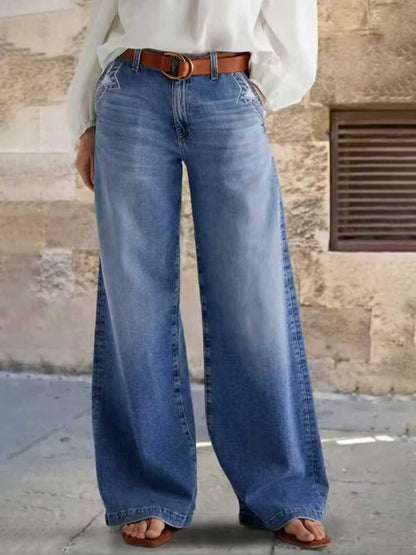 🎀Women's Denim Wide Leg Pants with Pocket Patches, Casual Loose Fit Jeans for Daily Wear, Comfortable Ladies' Fashion Bottoms👖