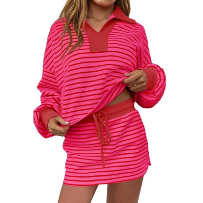 Womens Striped 2 Piece Outfits Casual Sweatshirt Skirt Set Long Sleeve Skort Workout Set Matching Lounge Sets(Buy 2 Free Shipping)