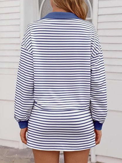 Womens Striped 2 Piece Outfits Casual Sweatshirt Skirt Set Long Sleeve Skort Workout Set Matching Lounge Sets(Buy 2 Free Shipping)