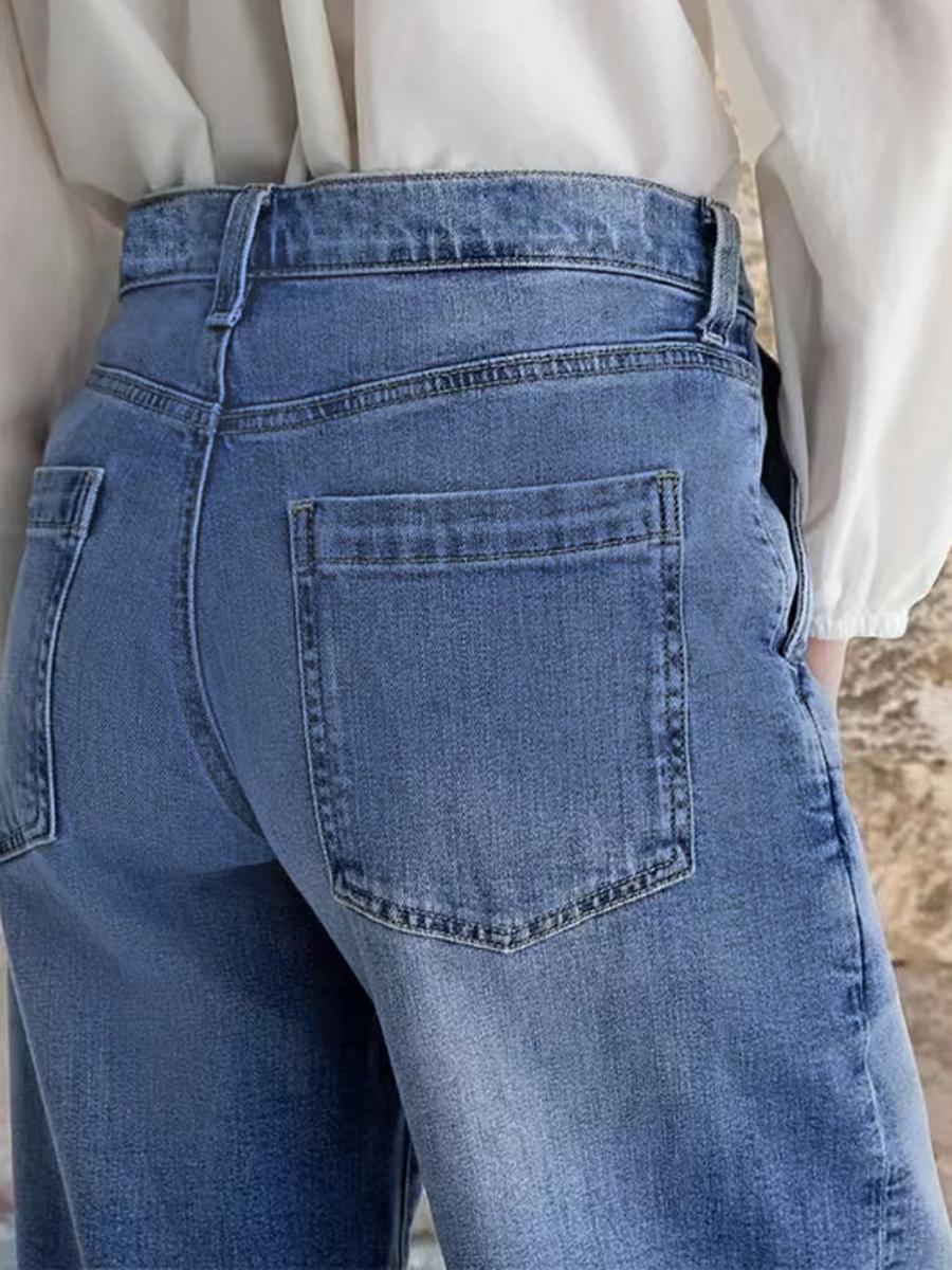 🎀Women's Denim Wide Leg Pants with Pocket Patches, Casual Loose Fit Jeans for Daily Wear, Comfortable Ladies' Fashion Bottoms👖