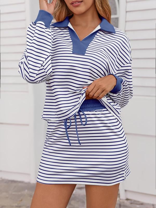 Womens Striped 2 Piece Outfits Casual Sweatshirt Skirt Set Long Sleeve Skort Workout Set Matching Lounge Sets(Buy 2 Free Shipping)