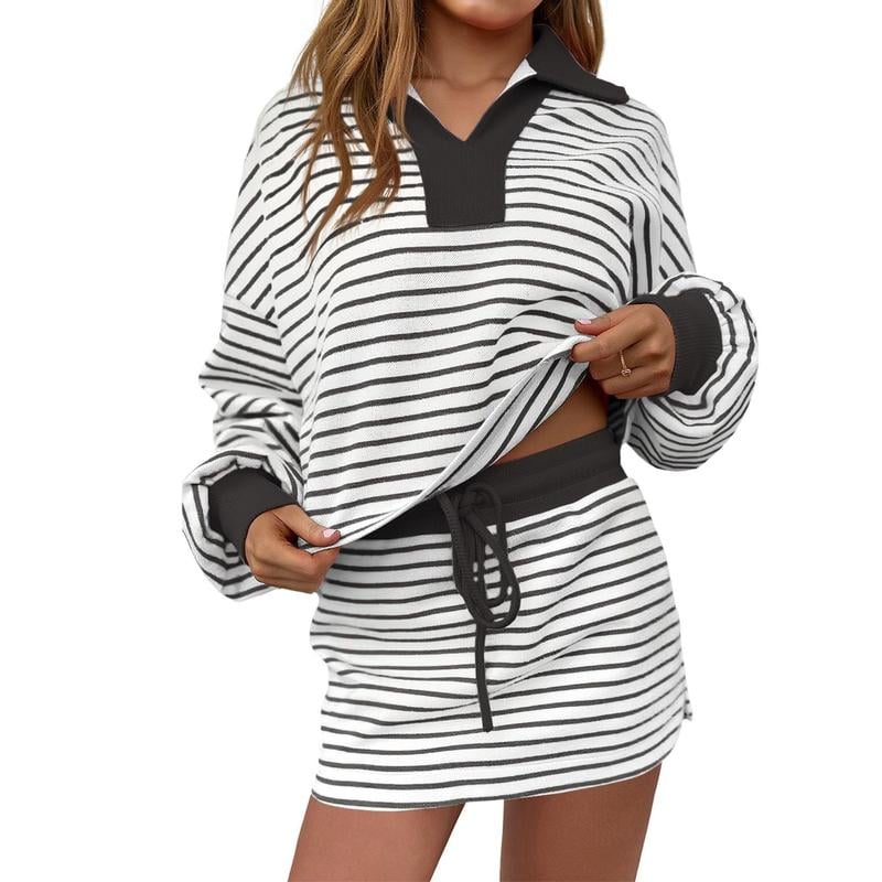 Womens Striped 2 Piece Outfits Casual Sweatshirt Skirt Set Long Sleeve Skort Workout Set Matching Lounge Sets(Buy 2 Free Shipping)