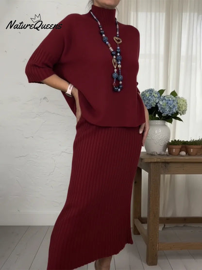 Elegant Knitted Turtleneck Sweater And Skirt Two-piece Set